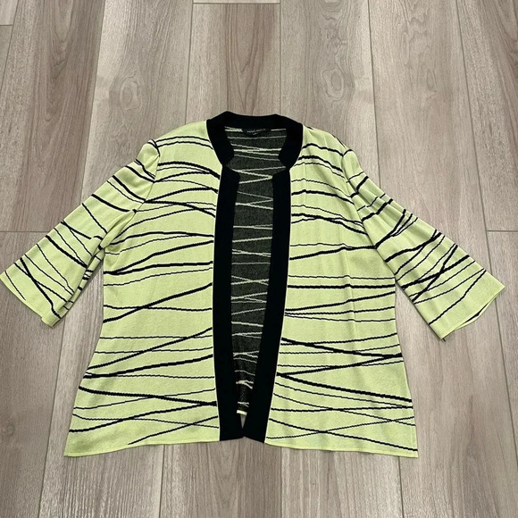 MING WANG Light Yellow/Green Abstract Stripe Open Knit Sweater Blazer Size 2X - Picture 1 of 8